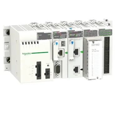 Modicon M340 programmable automation controller (PAC) with modular design, Ethernet connectivity, and compact form factor for industrial automation applications by Maxima Automation.