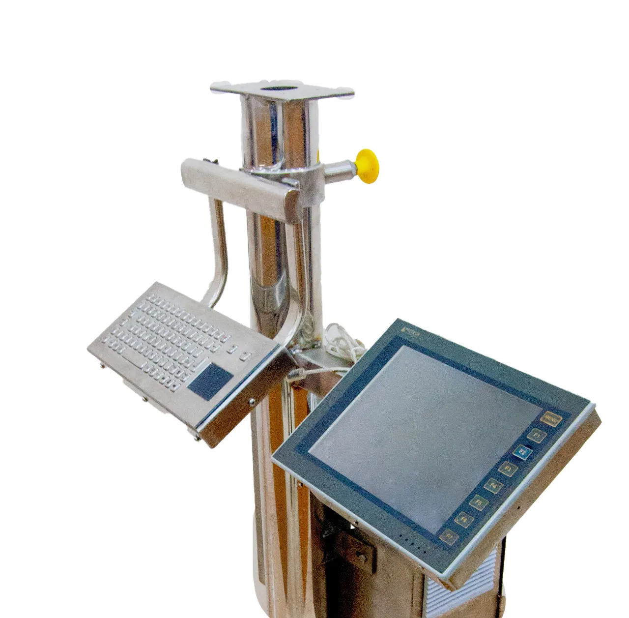 Maxima Automation's custom-designed industrial PC pedestal featuring a rugged powder-coated steel frame, VESA-compatible mounting, and cable management system for reliable shopfloor integration.